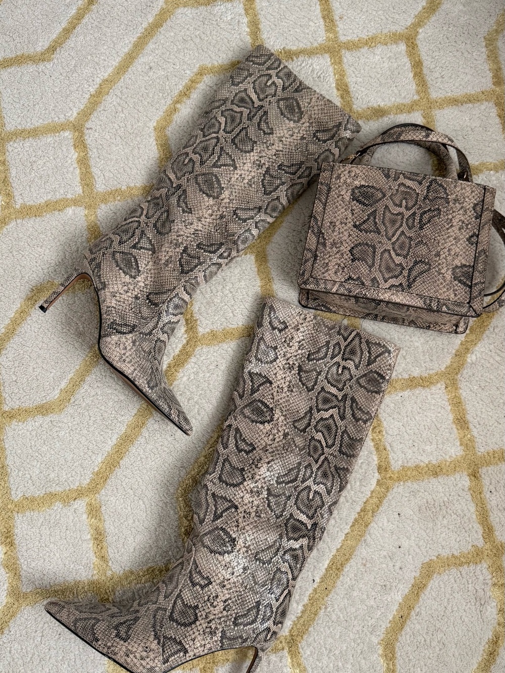 Snake-Print Knee-High Stiletto Boots - Beige - Picture 3 of 12